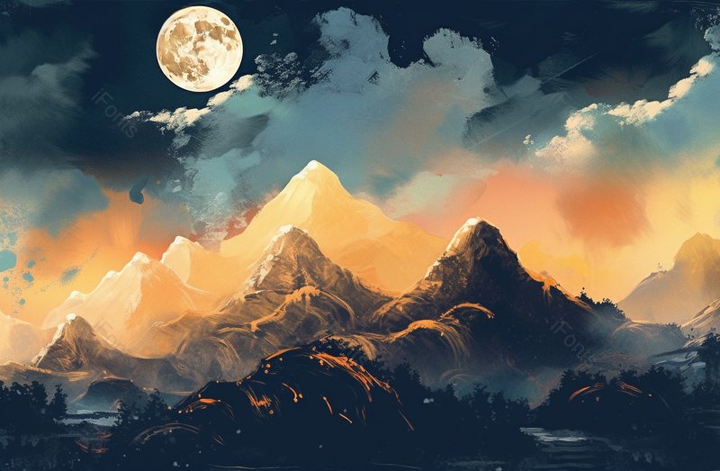 满月蓝色星空夜晚山川古代国潮国风写意插画,插画/手绘图,插画/手绘图库,插画/手绘图下载,插画/手绘